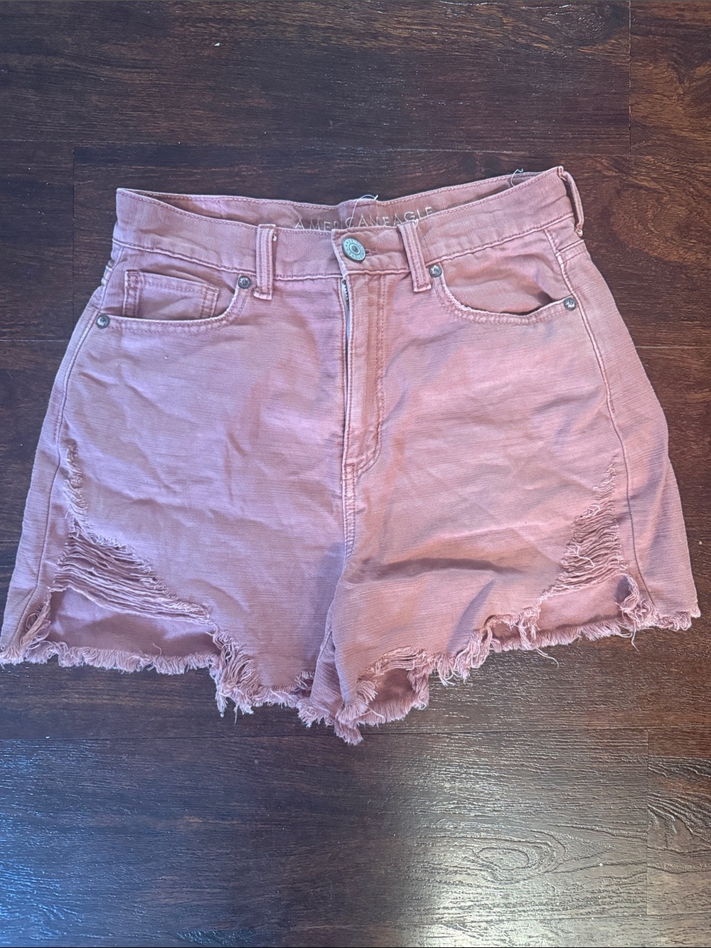 American Eagle Outfitters Highest Rise Mom  Faded Rose Distressed Denim Shorts